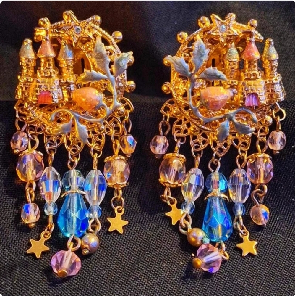 Vintage KIRKS FOLLY Earrings Designer Undersea Castle Crystal Dangle Drop 1990s